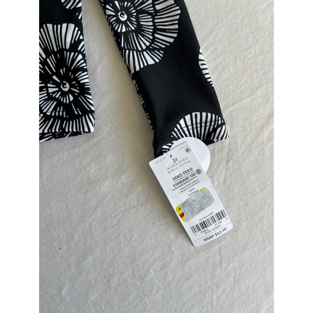 Carters Kids 3T Rash Guard Long Sleeve Swim Shirt Black White Floral UPF 50+ NEW - Picture 2 of 6